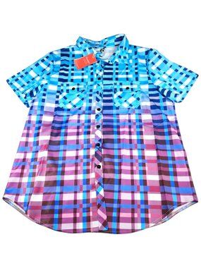 Blue Plaid Short Sleeve Button Down Shirt Blue Purple White Size XXL NWT